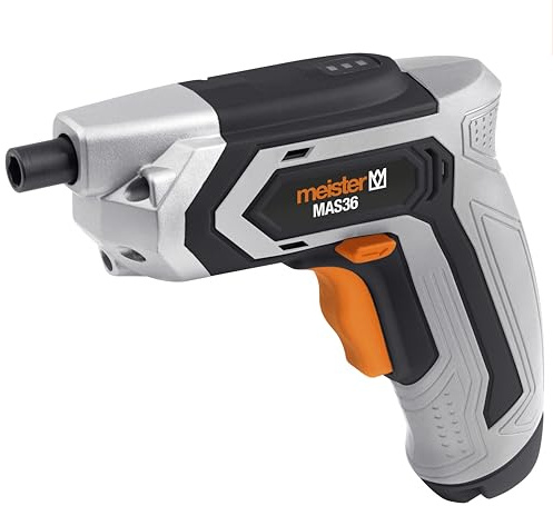 Meister Atornillador inalámbrico 3,6 V, MAS36-2 Ah, luz de trabajo LED, bandeja magnética, ideal para tornillos cercanos al borde, atornillador inalámbrico con juego de puntas, mini destornillador