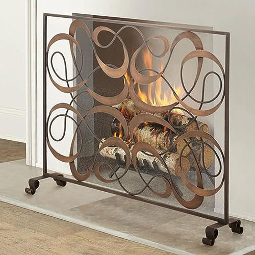 JYHHGDS Einzelplatte, handgefertigter Kaminschirm, schmiedeeiserner Maschendraht-Funkenschutz für den Ofen im Wohnzimmer, 98 × 78 cm – Braun,Braun