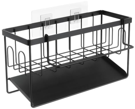Sink Caddy, Kitchen Sink Organiser, Sink Tidy Kitchen Organiser with Sponge Holder, Sink Storage Rack with Self Draining Tray, Dishcloth Hanger Washing Utensil Caddy Kitchen Sink Soap Holder (Black)