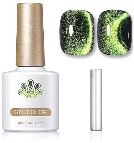 Cat Eye Gel Nail Polish - Green Glitter Gel Nail Polish - Magnetic nail Polish with Nail Magnet Pen - Holographic gel Nail Varnish Soak off UV Long Lasting for Cat Eye Nail Design