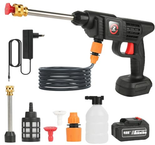 Hidrolimpiadora Bateria, 21V MAX 35Bar Hidrolimpiadora de Alta Presion, Press & Clean Pistola Lavado con Baterías, Jarra de Espuma, Manguera de 5m, de para Coche, Césped (con 1 Batería de 6000 mAh)