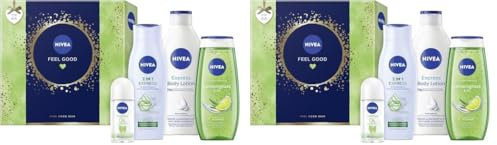 NIVEA Feel Good Geschenkset, Pflegeset mit feuchtigkeitsspendenden Pflegeprodukten, Geschenkbox mit Bodylotion, Pflegedusche, Deo Roll-On und Shampoo (Packung mit 2)
