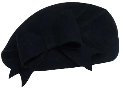 Damenhut aus Wolle, Schwarz / Weiß, für Herbst und Winter, Vintage-Fascinator, Schleife, Filz, flache Hüte, Schwarz, M