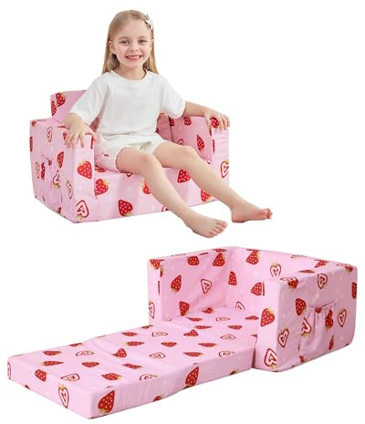 lasoftan Toddler Couch, 2-in-1 Soft Kids Couch Bed Fold Out, Toddler Chairs Comfy for Boys & Girls, Convertible Kids Sofa to Lounge for Playroom, Gift for Birthday, Children's Day - Pink Strawberry