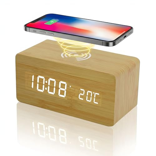 Buachois Wooden Digital Alarm Clock, Alarm Clock with Wireless Charging 3 Alarms LED Display Sound Control Electronic LED Time Display for Office Families Home Bedroom