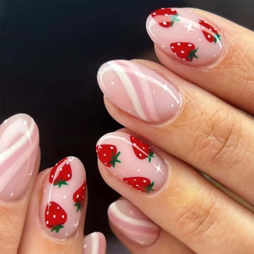 GlamRays Cute Pink Unghie finte adesive Corte ovali Acrilico Unghie finte Dolci Fragola con Design a Strisce Lucido Unghie Artificiali adesive Confezione Completa 24 Pezzi