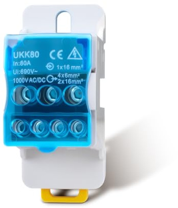 Innfeeltech 1Pcs Terminal Block Distribution Box 80A 1 In 6 Out, Din Rail Terminal Blocks Distribution Box Blue Shell