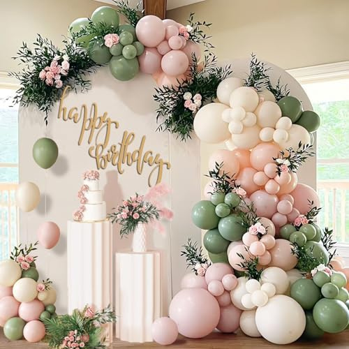 Sage Green Pink Balloon Arch Kit, 115Pcs Green and Retro Pink Balloon Garland with Dusty Peach Orange White Latex Balloons for Baby Shower Birthday Wedding Jungle Safari Wild Flower Theme Party Decor