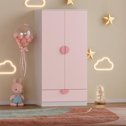 [en.casa] Armadietto Guardaroba per Cameretta Bambini con Appendiabiti e Cassetto Mobile a Misura di Bimbi per Vestiti e Giocattoli 123x60x40 cm Rosa