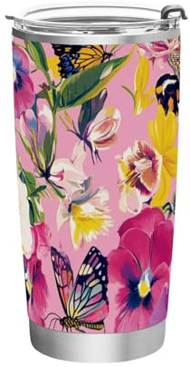Flowers Lily Pansy Butterflies Stainless Steel coffee cup travel Leak Resistant Flip hot coffee travel mug for outdoor simple insulated tumbler with lid 20oz