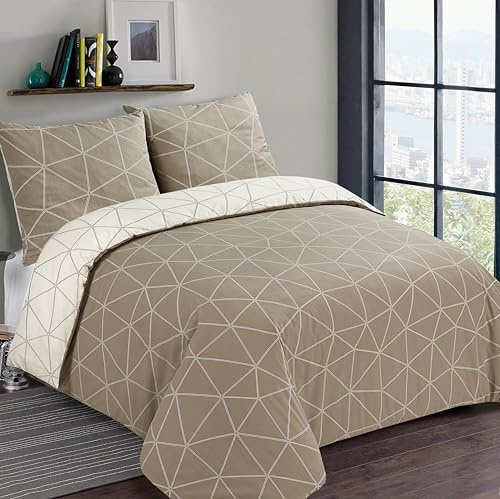 Vision - Wendebettwäsche – 100 % Baumwollflanell – Hugo Beige – Bettbezug 240 x 220 cm mit 2 Kissenbezügen für Doppelbett – Flanell: weich und warm – Ökotex