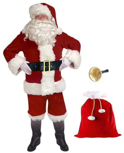 Obelunrp Santa Claus Costume 11PCS/Set Santa Outfit for Men Women Christmas Costumes Include Jacket Trousers Hat Wig Beard Glasses Gloves Bell Boot Covers Belt & Bag 5XLSanta Outfit Men
