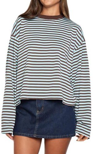 PODOLIXIA - Maglietta a maniche lunghe da donna, oversize, a righe, a maniche lunghe, girocollo, a blocchi di colore, a righe, basic, t-shirt da donna, cropped, tinta unita, a righe, loose, a maniche