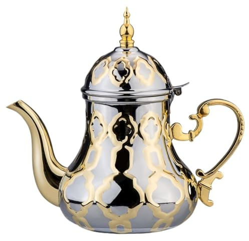 Tetera de Acero Inoxidable Estilo árabe de 36 oz, Estilo Tradicional, Tetera/cafetera (Plateada, 1 Unidad)