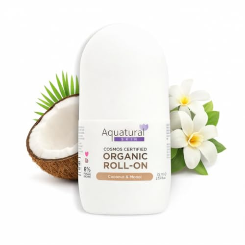 Aquatural Organic Deodorant Women & Men Roll On, Natural Formula for Sensitive Skin, Long-Lasting Odor Protection, Monoi Scent 2.53 Fl Oz