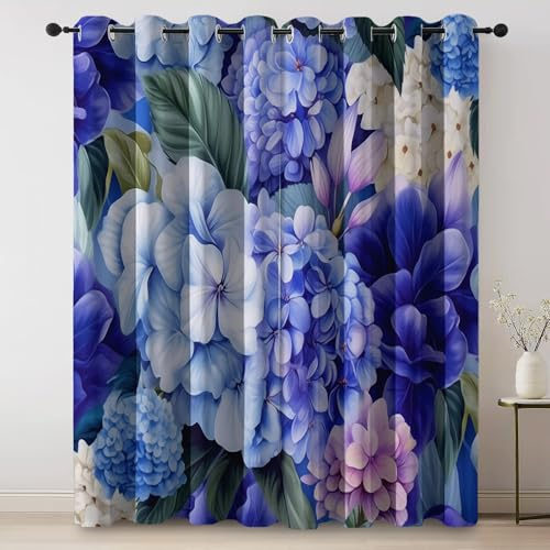 Tende Oscuranti 100% H 145 X B 140 Cm (2Er Pack) Piante Ortensie Giardino Blu Termiche Isolanti Con Occhielli Per Camera Da Letto E Soggiorno, Protezione Dal Calore E Dal Freddo