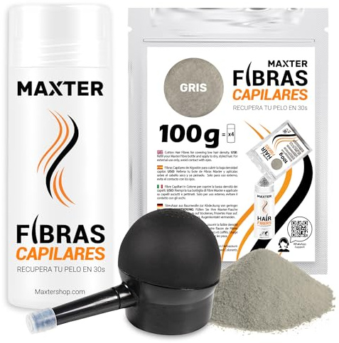 Maxter Streuhaar zur Haarverdichtung GRAU + Spray Applikator + Nachfüllbeutel 100g - Haarpuder gegen Kaschierung von Haarausfall - Männer und Frauen - Mikrofaser in Pulverform - Hair Fiber