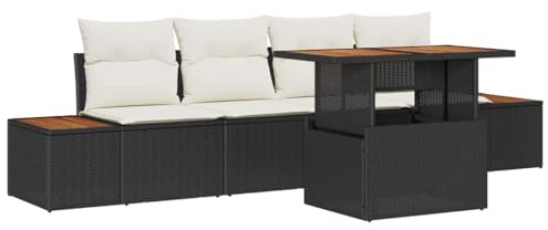 VIHHQGC Outdoor Esstischgruppe Schwarz Beige Essgruppe mit Stauraum Gartenmöbel Set 5-teilig Poly Rattan Sofa Tisch