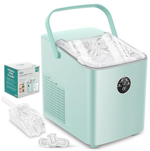 FOHERE Macchina Ghiaccio 14KG in 24h, Cubetti in 6-8 Min, Autopulente, 2 Dimensioni di Ghiaccio, Macchina per il Ghiaccio con Maniglia Portatile per Casa/Cucina/Ufficio/Bar (Verde)