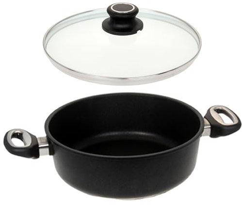Lotus Gusspfanne - Bratenkasserolle Ø 32cm Induktion geeignet mit Glasdeckel aus Sicherheitsglas, Bodenmaß 24cm, Höhe 8,8cm, Deckelmaß 32cm