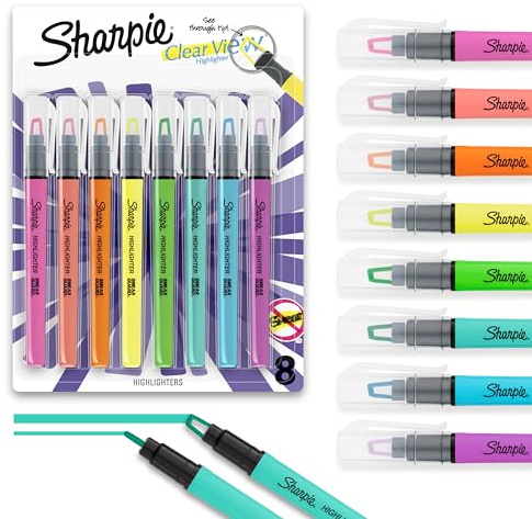 Sharpie Clear View Highlighter Sticks, Chisel Tip, Assorted Fluorescent, 8 Count - School, Home, and Office Use, Teacher Supplies