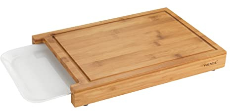 WENKO Schneidebrett Bruno aus Bambus - Küchenbrett, Schneidebrett mit Saftrille und Auffangschale/Tablett, Bambus, 35 x 4 x 25 cm, Braun