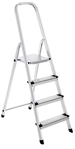 4 Step Ladder Aluminium Folding Step Ladder - With Anti-Slip Steps & Non-Slip Feet, Tool Tray, Household, Kitchen, Garage, Decorating, DIY - MAX 150kg - EN131 Approved