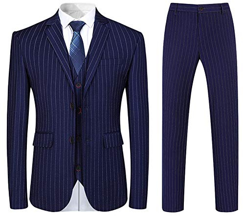 YOUTHUP Abito Uomo Striscia Verticale 3 Pezzi da Completo Slim Fit Formali d'Affari Blazer Gilet Pantaloni Blu Scuro, XXL