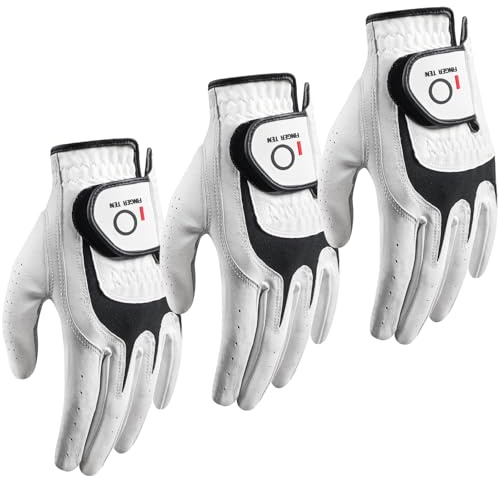 FINGER TEN Premium Golf Gloves Men Cabretta Leather Value 3 Pack for Right Left Handed Golfers, All Weather Grip Comfortable Glove Size S M ML L XL for Left Right Hand (White-3 Pack, M/Large, Left)