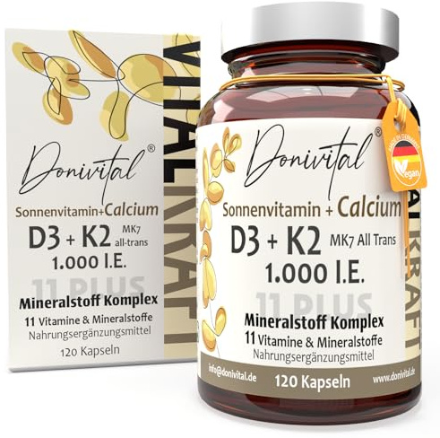 Vitamin D3 1000 I.E. + K2 MK7 All-Trans + hochaktives Calcium. Vitamin D3 K2 Kapseln - 11 Vitalstoffe für Knochen, Muskeln, Stoffwechsel und Immunsystem - 120 Stück - Vegan