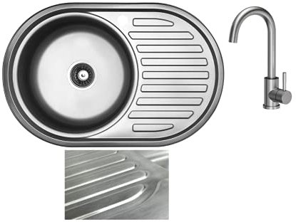 VBChome Fregadero empotrable con grifería, 77 x 55 cm, estructura satinada, acero inoxidable, superficie de estante, escurridor derecho, fregadero de acero inoxidable, para camping
