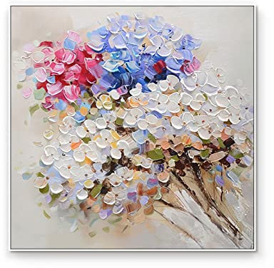 MWMG Ölbilder Auf Leinwand Handgemalt, Moderne Abstrakte Bunte Textur Hortensie Blumenstrauß Kunstwerk Handgemalte Ölgemälde Auf Leinwand Wandkunst Für Wohnzimmer Schlafzimmer Büro Wohnkultur