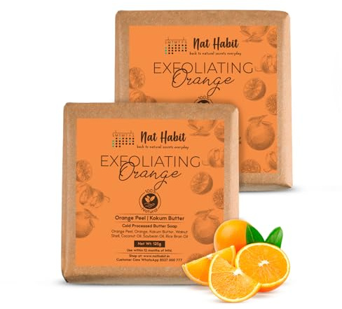 Nat Habit Orange Kokum Butter Bath Soap for Women & Men | Cold Processed With Vit C for Body Acne, Pimple & Oil Control | Improve Skin Tone & Boost Collagen Production| Gentle Exfoliation| 125g X 2
