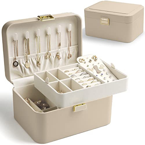 KAMIER Schmuckkästchen – Luxuriöse 2-stöckige Schmuckschatulle aus hochwertigem Flanell für Damen, geeignet für Ringe, Ohrringe, Armbänder & Halsketten (Beige)
