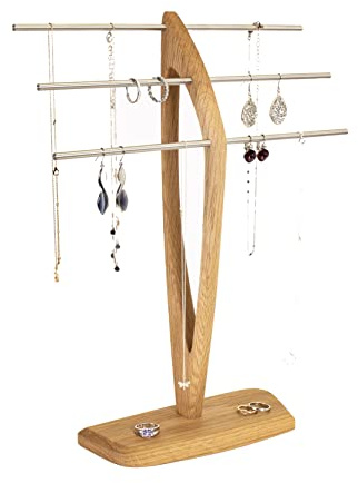 Wood and Steel Design Schmuckbaum – Schmuckhalter für Ketten, Ohrringe und Armbänder – Eichenholz Massiv Natur Geölt – Handmade in Germany