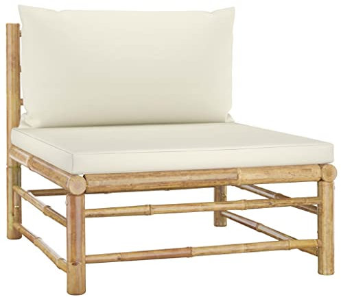 FIRBNUS Garten-Mittelsofa mit Kissen Cremeweiß Centre Sofa Balkonmöbel Gartenmöbel Holz Outdoor Sofa Terassenmöbel Außen Balkonsofa Gartensofa Garden Furniture Middle Sofa Bambus