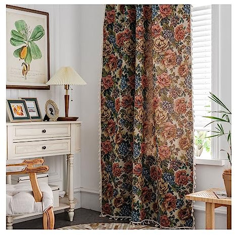 ANAZOZ Gardinen Halbtransparent mit Kräuselband 2er Set, Voile Vorhang Schlafzimmer Fenster Polyester 150x220cm Vintage-Blumenmuster mit Quaste
