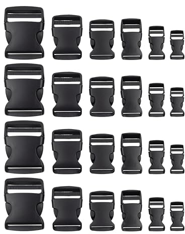 Spännesats, 24 delar, varje storlek 4 gånger, 15 mm, 20 mm, 25 mm, 32 mm, 38 mm och 50 mm, i svart, tillverkad av plast, spänne klickfäste, reservspänne reparation, bältesspänne