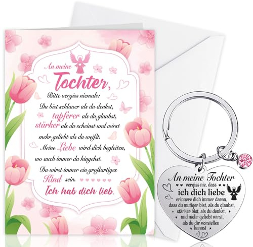 HOWAF Tochter Geschenke von Mama Papa, Karte Geburtstag Geburtstagskarte & Lasergravierter Edelstahl-Schlüsselanhänger Schlüsselanhänger für Mutter Tochter Geschenk