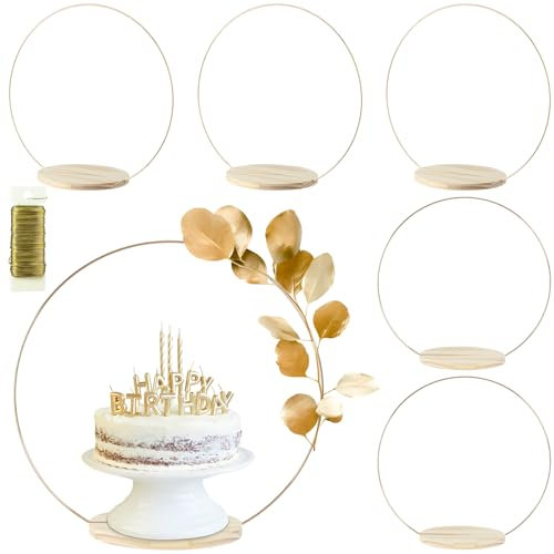 MJRASG 6 Pack Floral Hoop Centerpieces with Stand 18 Inches Metal Rings for Crafts DIY Centerpieces Table Decoration with Wooden Cake Stand Wedding Birthday Party Cake Holder, Gold