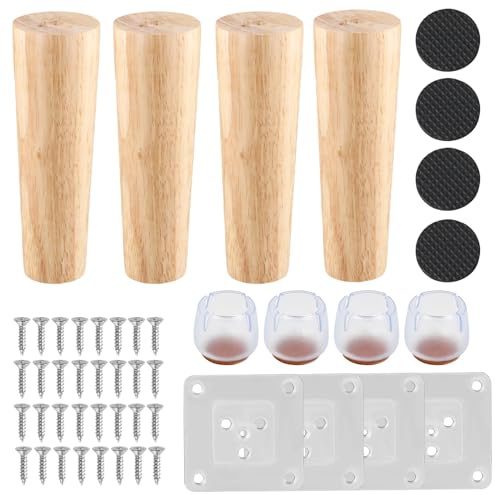 4 Pcs Möbelfüße Holz, Tischbeine Holz Rund 8cm 12cm 15cm mit Tischbeinabdeckungen Platten Schrauben Filzgleiter, Schrankfüße Stuhlbeine Tischfuß Massivholz, Holzfüße Ersatz Couch, Anti-Rutsch (15 cm)