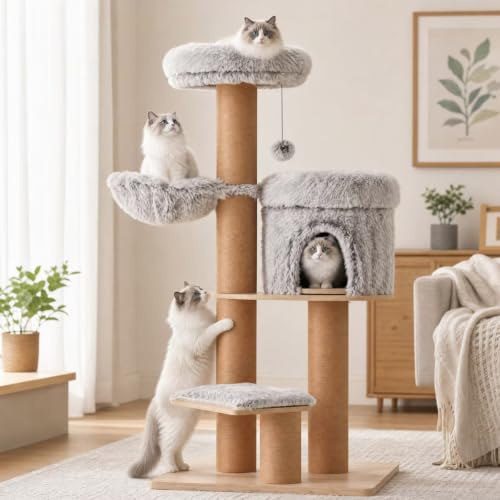 FUKUMARU Kratzbaum für Katzen,155cm Katzenbaum mit sechs 20 cm dicken Kratzsäulen aus Jute, Plüsch-Multi-Level-Katzenkondo abnehmbar, Katzenbaum aus natürlichem