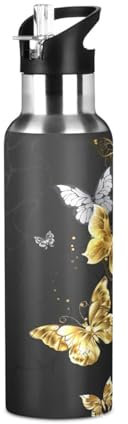 Ksajwzf Black Gold Butterfly Insulated Water Bottle Stainless Steel Kids Sport Thermos Jug with Straw Lid Animal Vintage Water Flask Leakproof Thermos Bottle for Bike Running Walking Outdoor 20 Oz