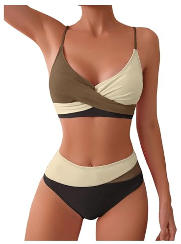 GORGLITTER Bikini damset magen väg sexig linda bikini färgblock bikini med korsbälte tvådelad baddräkt badkläder, BRUN, S