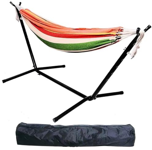 Saterkali Hamaca doble con soporte, capacidad de 440 libras, soporte de hamaca con bolsa de transporte y dos vigas de equilibrio antivuelco, hamaca portátil con soporte para exteriores, patio,