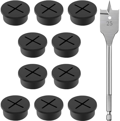 Taiyyi 10 pasacables de silicona flexible de 25 mm, orificio de cable, pasacables para escritorio, mesa, gestión de cables para escritorio de ordenador con broca de 25 mm (negro, blanco) (negro)