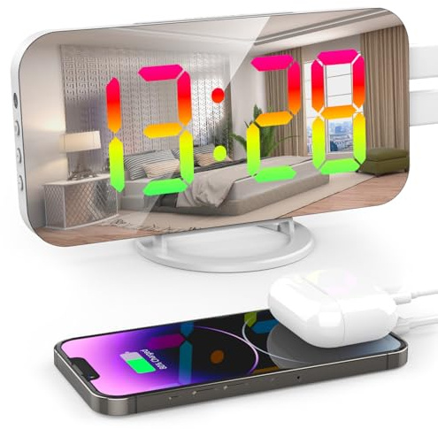 Lafocuse Bunter Wecker Digital mit 11 RGB LED Display, Spiegel Tischuhr Große Ziffern mit Snooze, Helligkeit Regelbar, 2 USB Ladeanschluss, Kinder Wecker ohne Ticken für Nachttisch Schlafzimmer Weiß