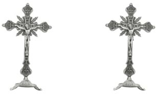 NeaxgeandX 2 set di crocifisso in piedi da 25,4 cm, croce da tavolo in metallo per cappella da tavolo, decorazione per la casa, peltro antico, colore stagno antico, 25,5 cm