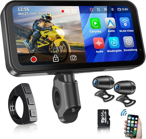 ATOVANKA Motorrad Carplay & Android Auto für Motorcycle,Tragbares Carplay Bildschirm mit 1080P Dashcam Vorne Hinten,6,25 Zoll IP67 Wasserdichter Touchscreen für Motorräder,Daueraufnahme/Siri/64G TF