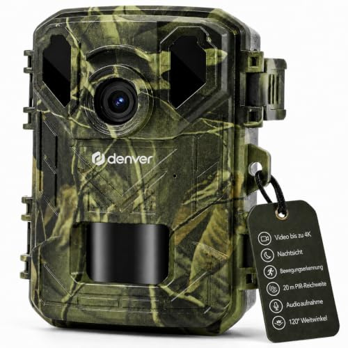 Denver Wildkamera 4K 50MP, Wildtierkamera Nachtsicht mit Bewegungsmelder | Bis 4K interpoliert, Bis 50MP interpoliert, 120°, PIR bis 20m, IR-Nachtsicht, 2 LCD, IP66, MicroSD, 4xAA